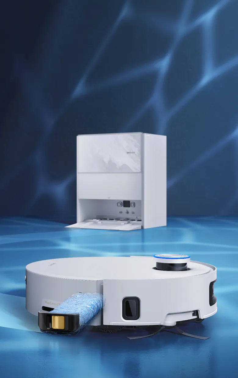 Dreame Aqua10 Ultra Track robotstofzuiger en dweil met basisstation, gepresenteerd op een water-geïnspireerde achtergrond
