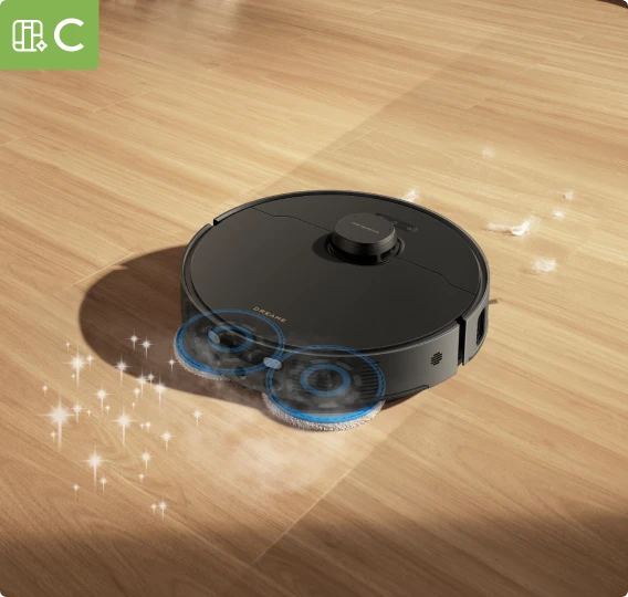 Houtenvloerverzorging van de Dreame Matrix10 Pro robotstofzuiger Zwart, herstelt natuurlijke glans en beschermt tegen krassen.