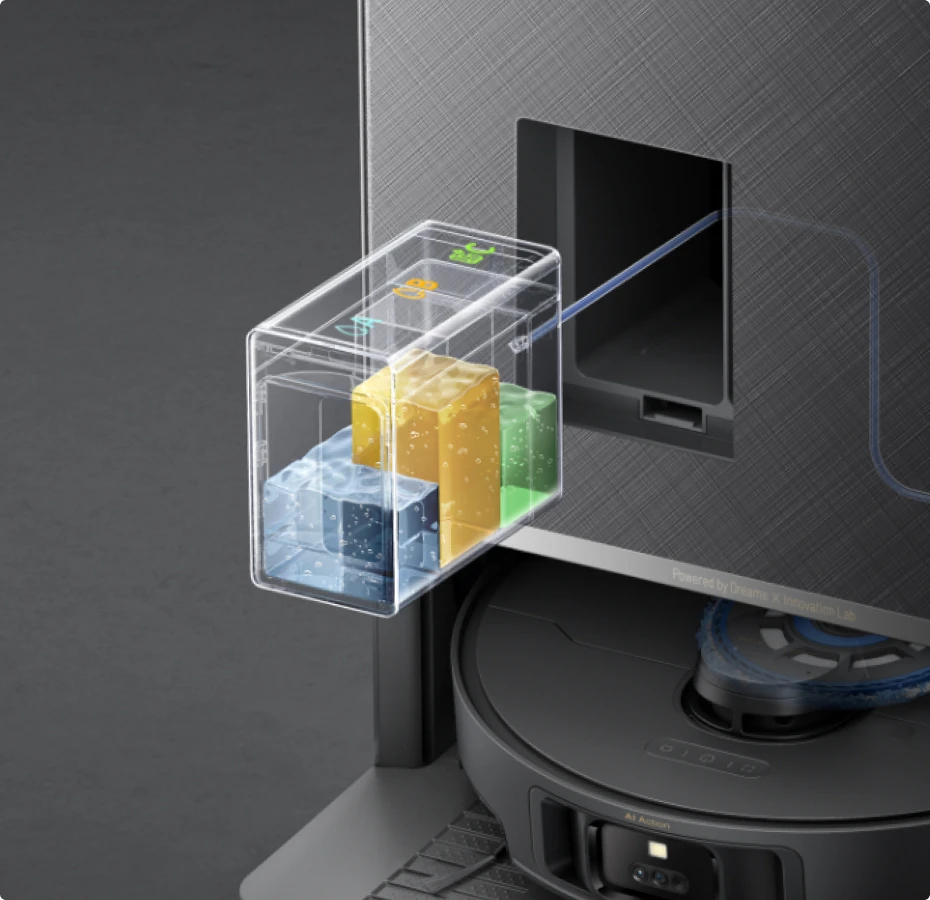 Drievoudig compartiment van de Dreame Matrix10 Pro robotstofzuiger Zwart, gespecialiseerde oplossingen voor huisdierzones en houten vloeren.