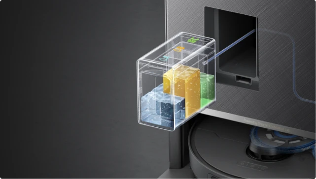 Drievoudig reinigingsmiddelencompartiment van de Dreame Matrix10 Pro robotstofzuiger Zwart met drie gespecialiseerde oplossingen.