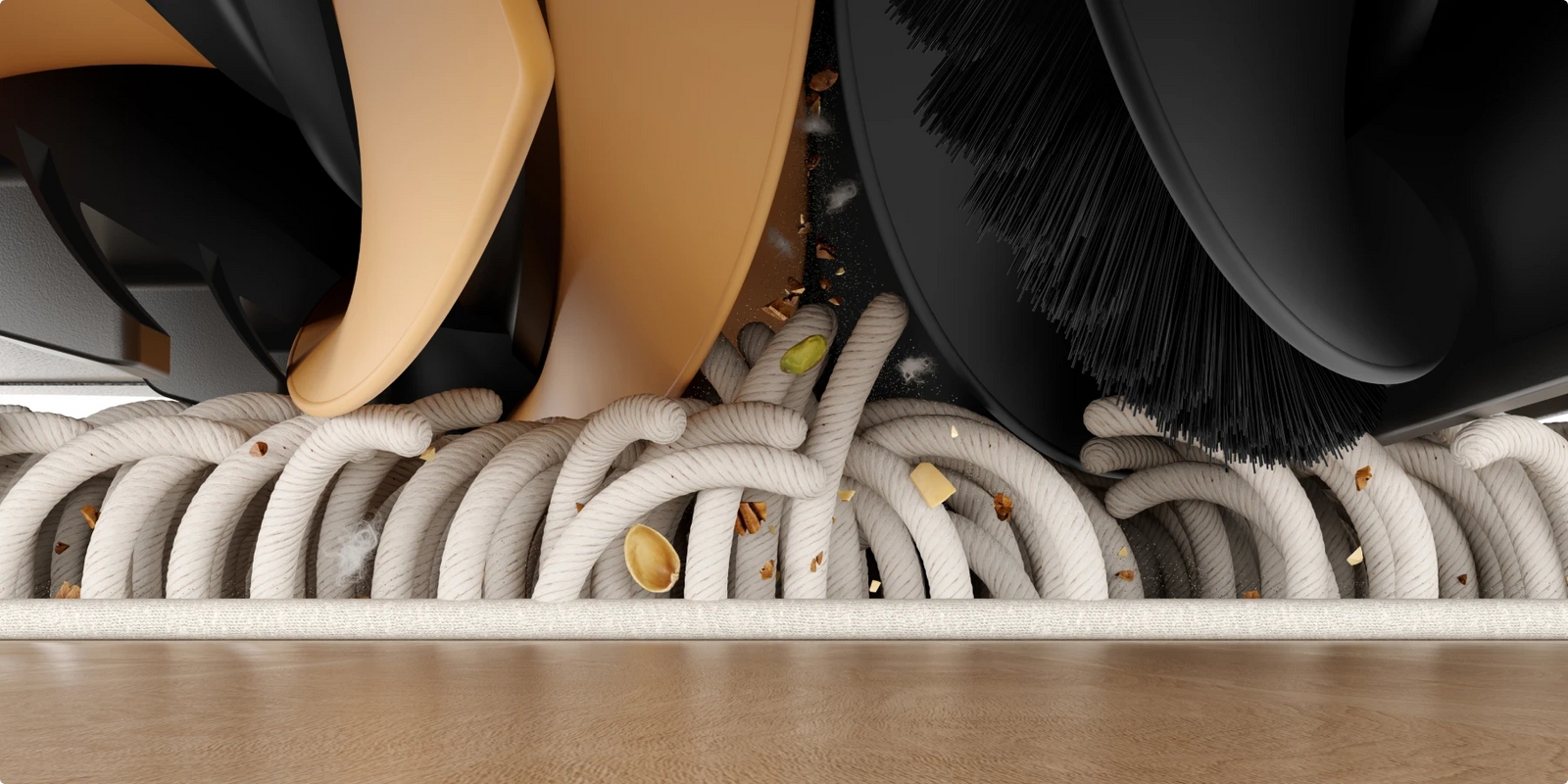 Tapijtborstel van de Dreame Matrix10 Pro robotstofzuiger Zwart, TPU-borstel grijpt tapijtvezels en tilt ingebed haar en vuil op.
