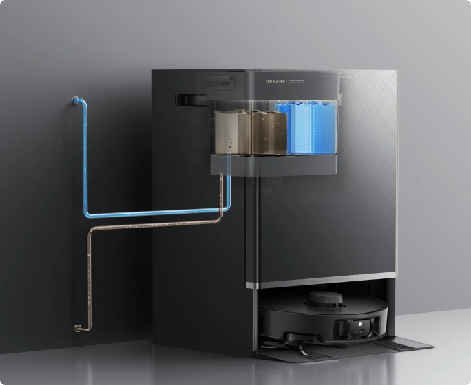 Dreame Matrix10 Pro robotstofzuiger Zwart met optionele automatische wateraansluiting, geen handmatig vullen of legen van grote watertanks meer nodig.