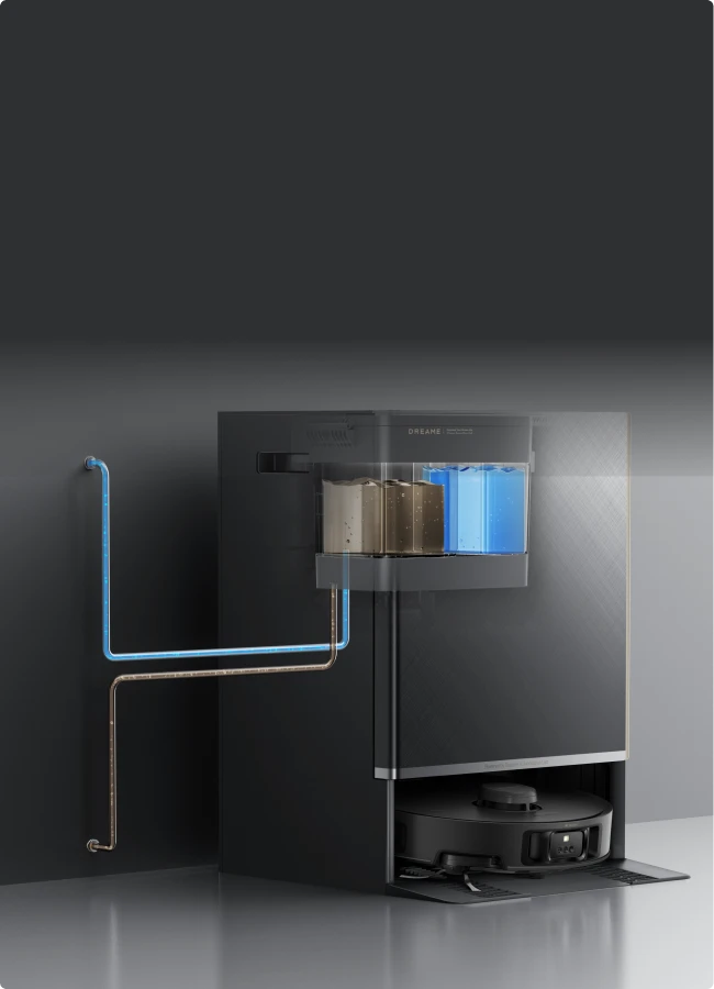 Dreame Matrix10 Pro robotstofzuiger Zwart met optionele automatische wateraansluiting, geen handmatig vullen of legen van grote watertanks meer nodig.