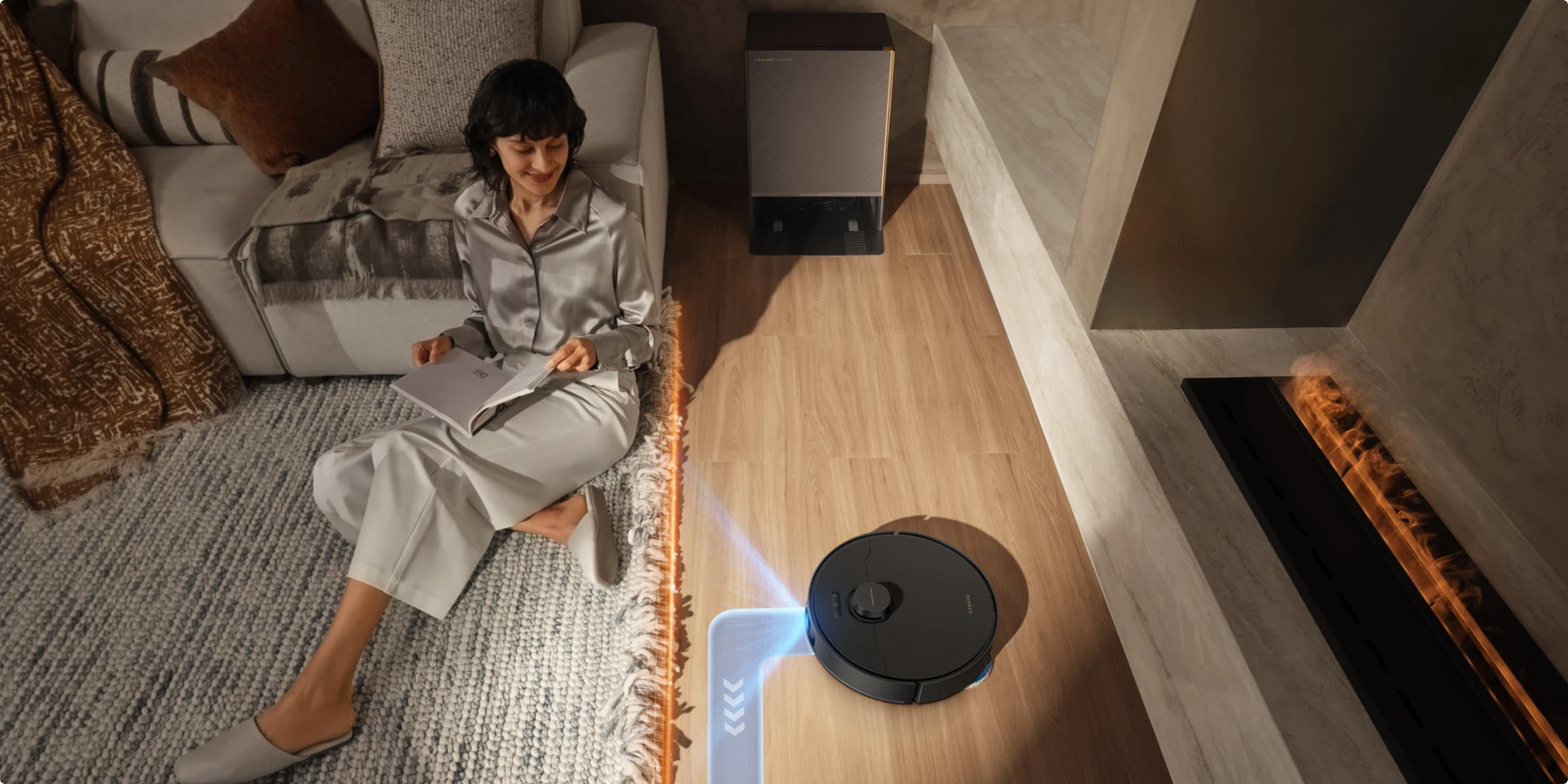 De Dreame Matrix10 Pro robotstofzuiger Zwart herkent en omzeilt automatisch franjetapijten, voorkomt verstrengeling en beschadiging.