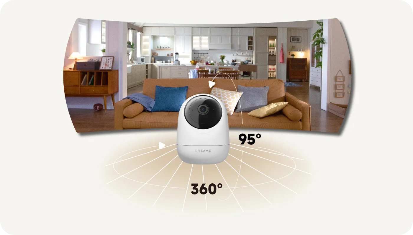 Dekkingsdiagram Dreame NAVO Care SE 1 InCam met 360° zwenken en 95° kantelen voor volledige kameroverzicht