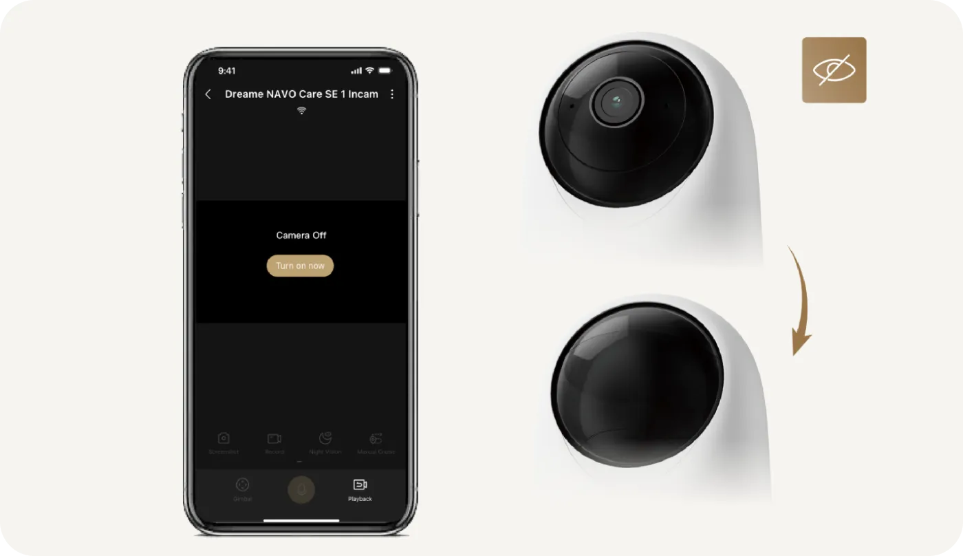 Dreame-APP scherm met knop Camera uit om fysieke privacymodus van Dreame NAVO Care SE 1 InCam te activeren