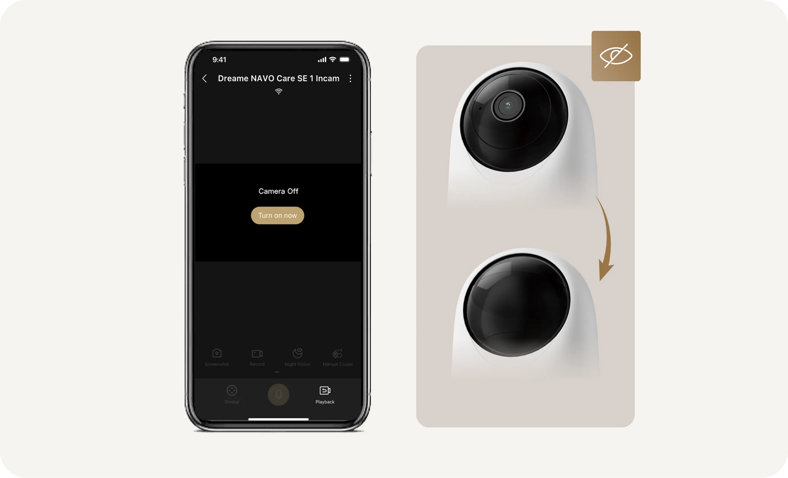 Dreame-APP scherm met knop Camera uit om fysieke privacymodus van Dreame NAVO Care SE 1 InCam te activeren