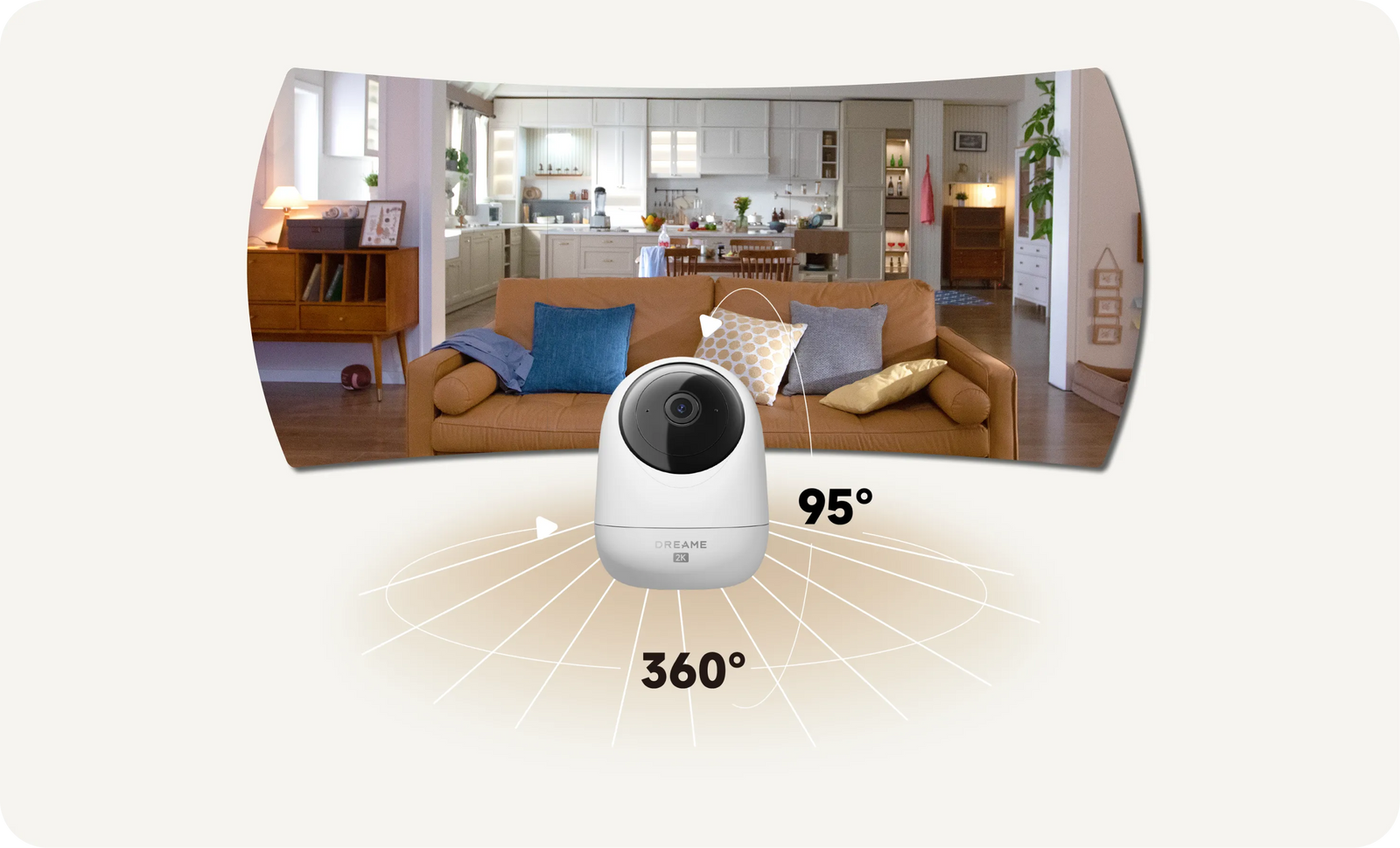Dreame NAVO Care 1 InCam met 360° pan en 95° kanteldiagram toont volledige panoramische woonkamerdekking zonder dode hoeken
