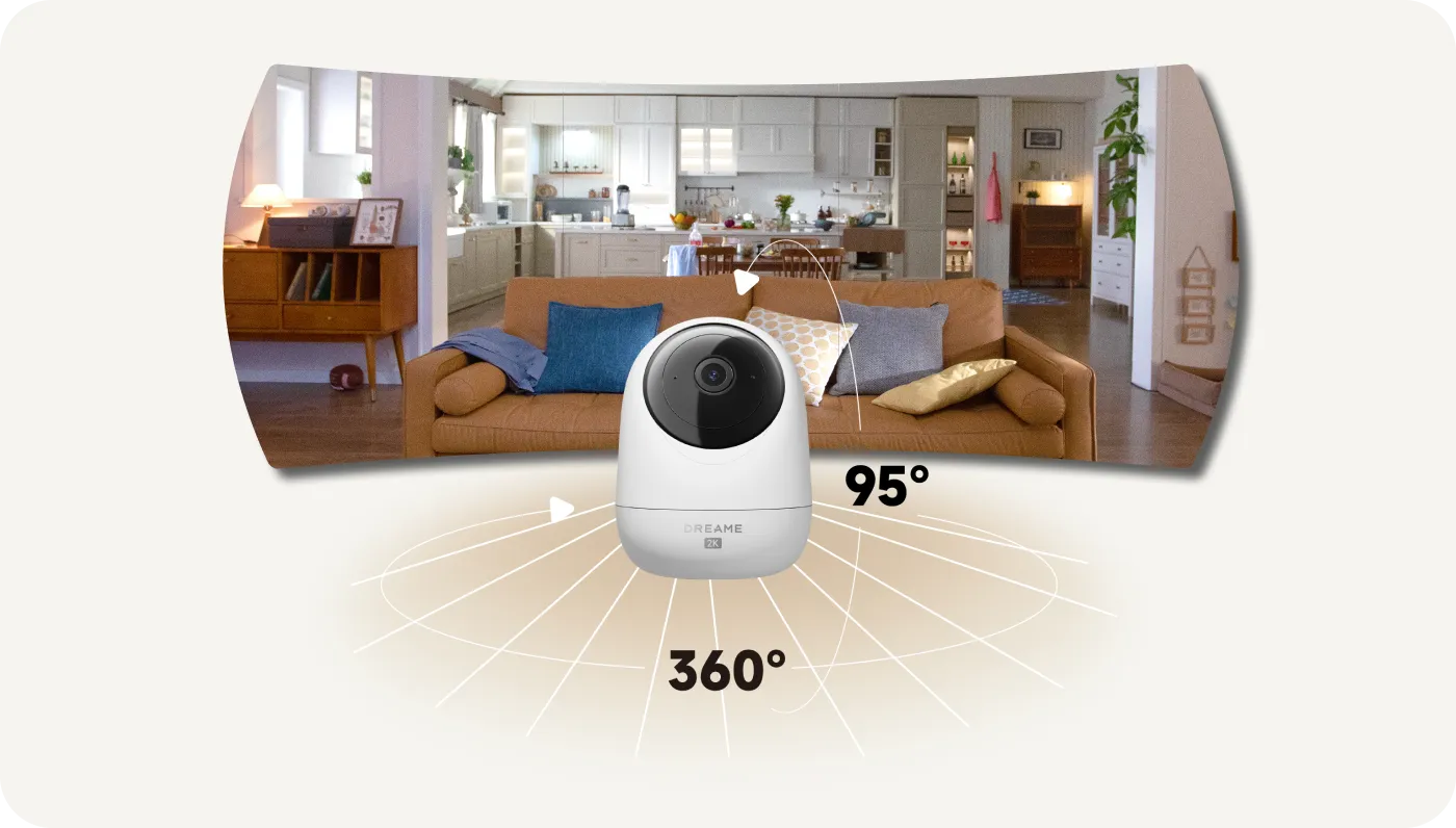 Dreame NAVO Care 1 InCam met 360° pan en 95° kanteldiagram toont volledige panoramische woonkamerdekking zonder dode hoeken
