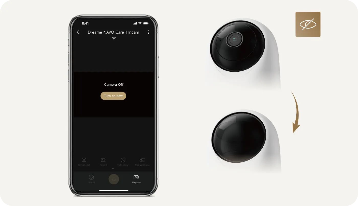 Dreame-App op smartphone met bedieningsscherm voor fysieke privacymodus van de Dreame NAVO Care 1 InCam