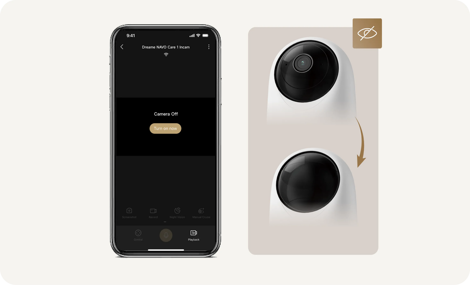 Dreame-App op smartphone met geactiveerde privacymodus-schakelaar voor Dreame NAVO Care 1 InCam