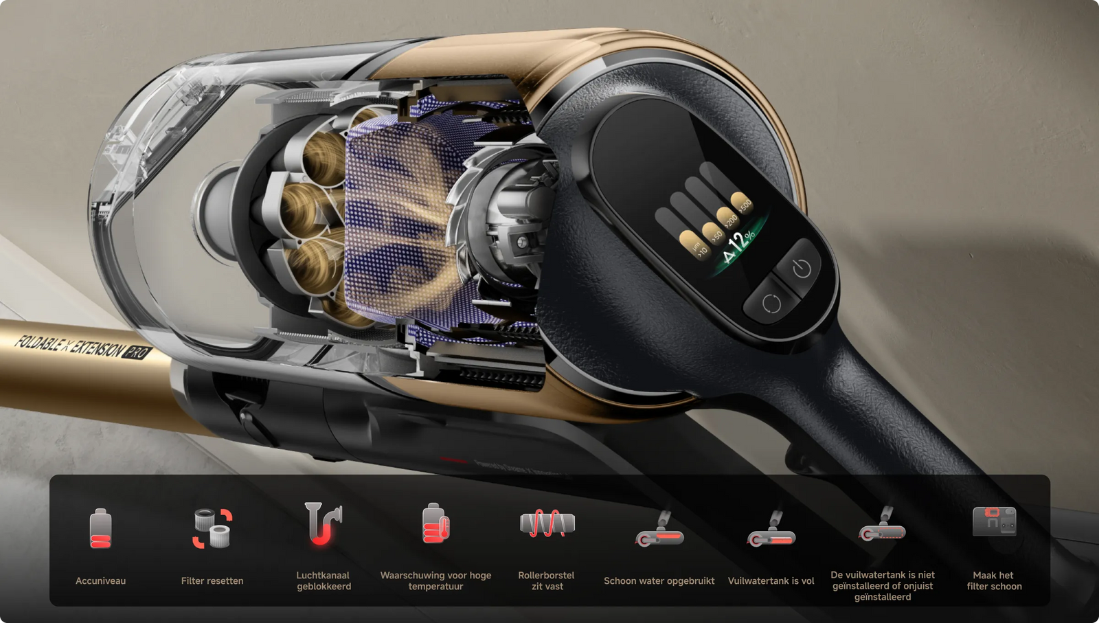 Dreame   Z30 Pro Aqua-A interactief LCD scherm toont realtime reinigingsstatus en batterijduur in zeven talen.