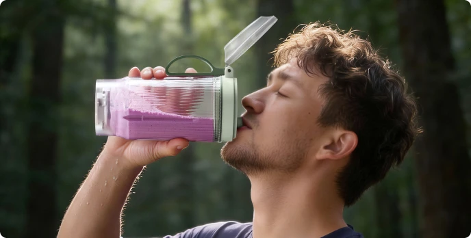 Gebruiker drinkt een smoothie uit de draagbare Dreame Power Blender beker tijdens een boswandeling