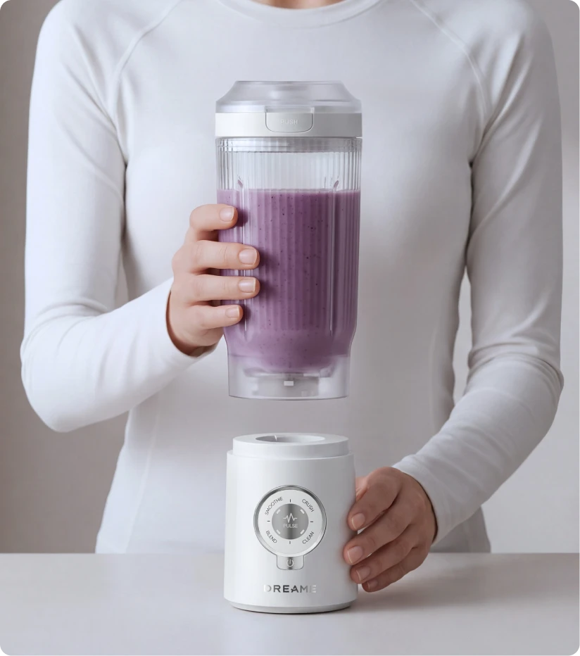 Dreame Portable Blender Twist & Go functie toont de afneembare beker die van de basis wordt gehaald