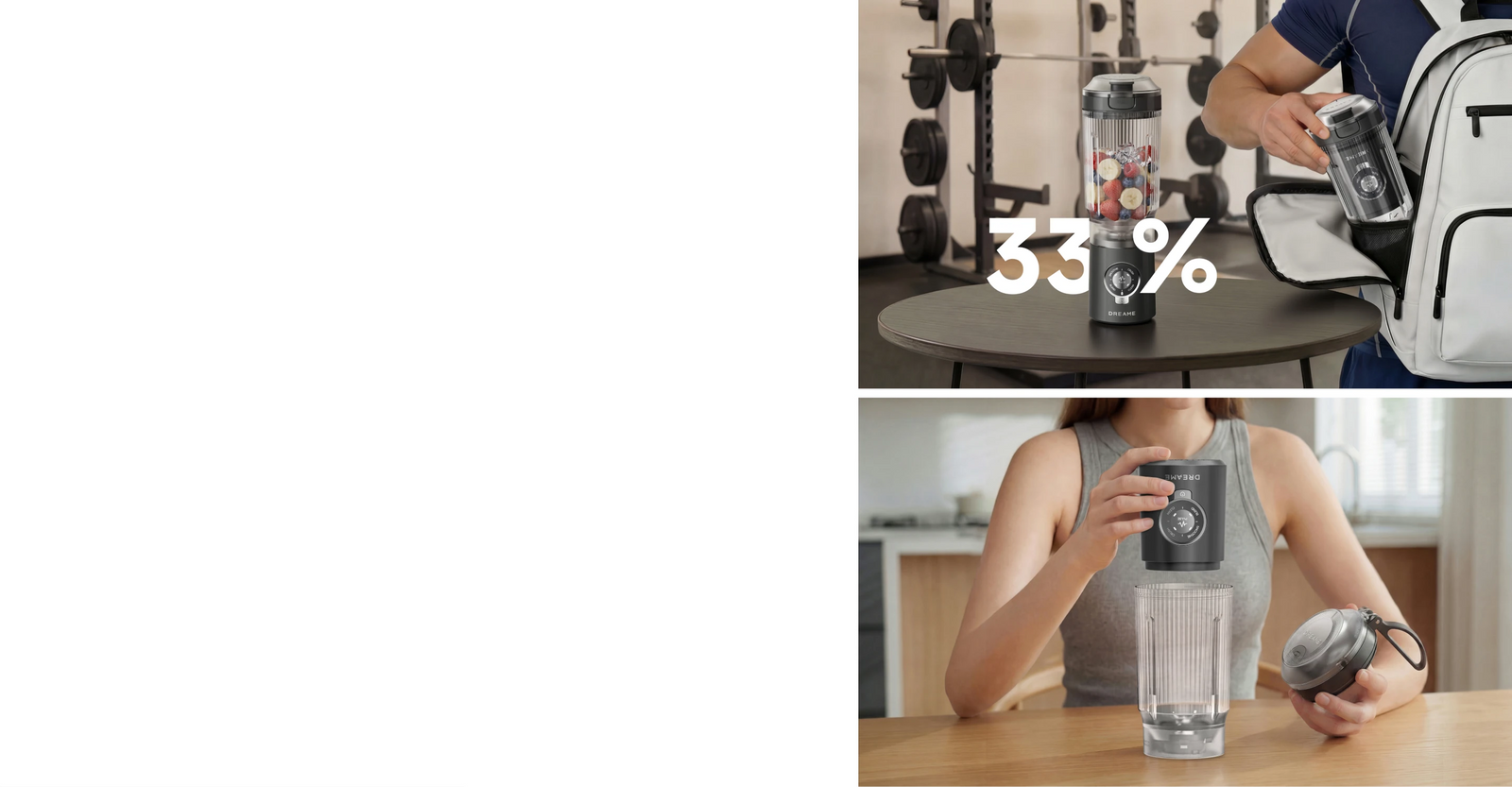 Gebruiker plaatst de motoreenheid van de Dreame Portable Blender in de mengbeker voor compact opbergen