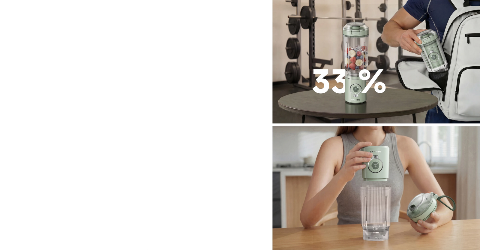 Vergelijking toont aan dat de afneembare basis van Dreame Portable Blender 33 procent meer ruimte bespaart
Gebruiker plaatst de motoreenheid van de Dreame Portable Blender in de mengbeker voor compact opbergen