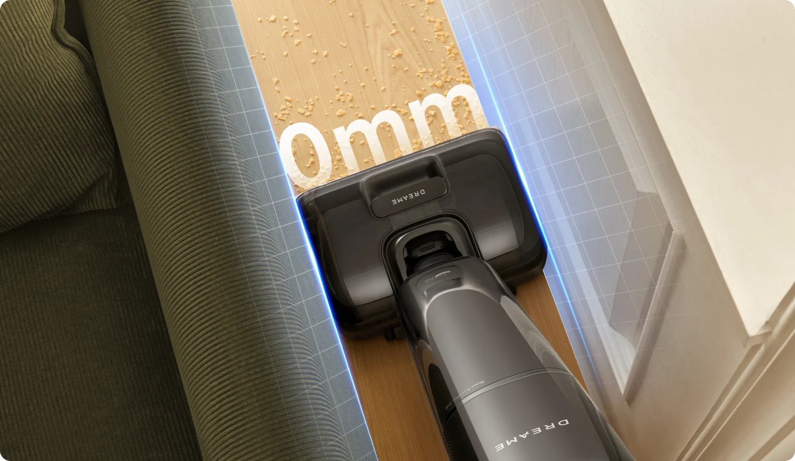 Dreame T12 Pro steelstofzuiger met dweilfunctie toont 0 mm driezijdige randreiniging om dicht langs muren en meubels schoon te maken.