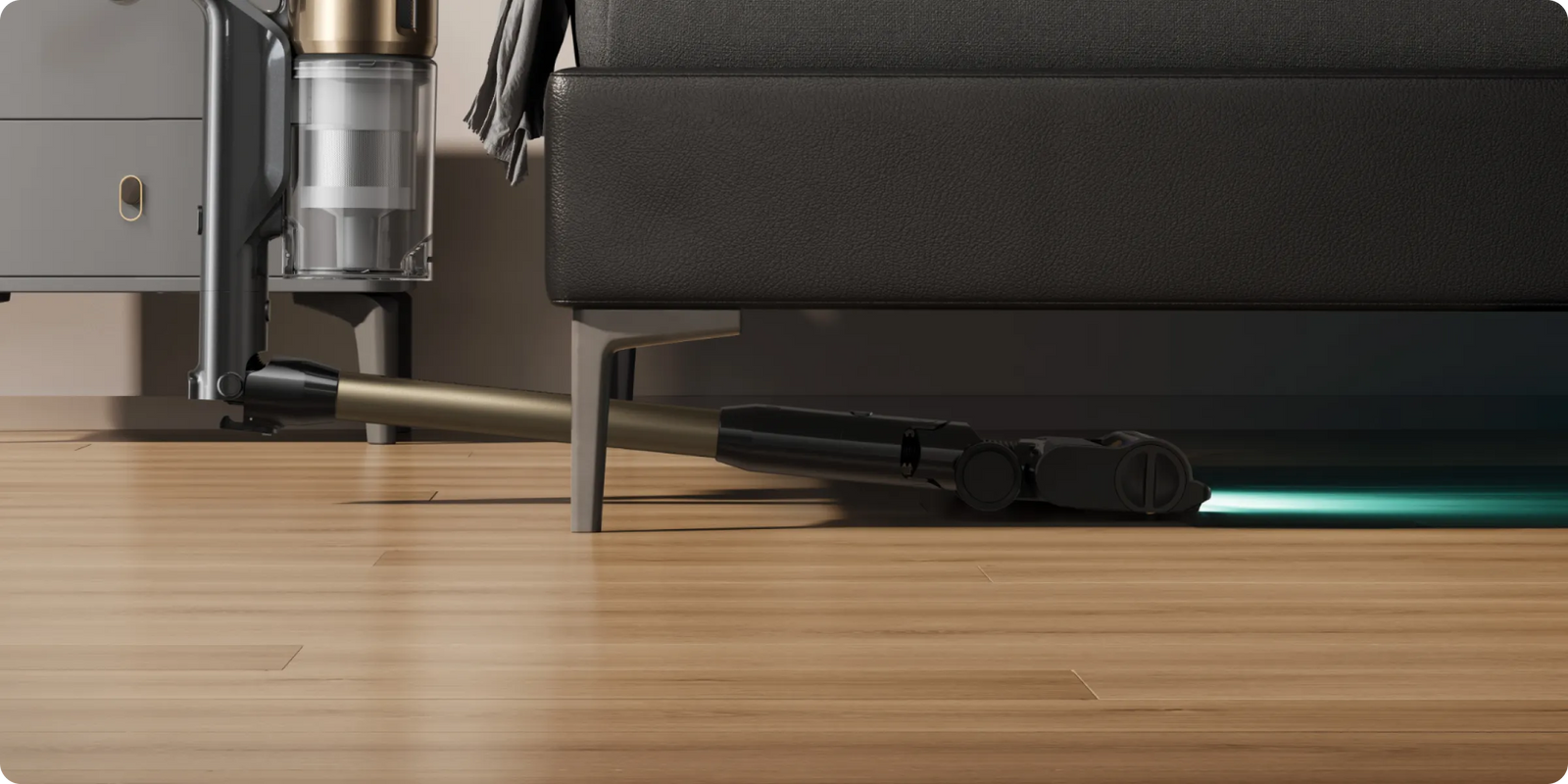 Dreame Z30 Pro Aqua-A Steelstofzuiger met natreinigingsfunctie buigt 90 graden onder de bank op houten vloer