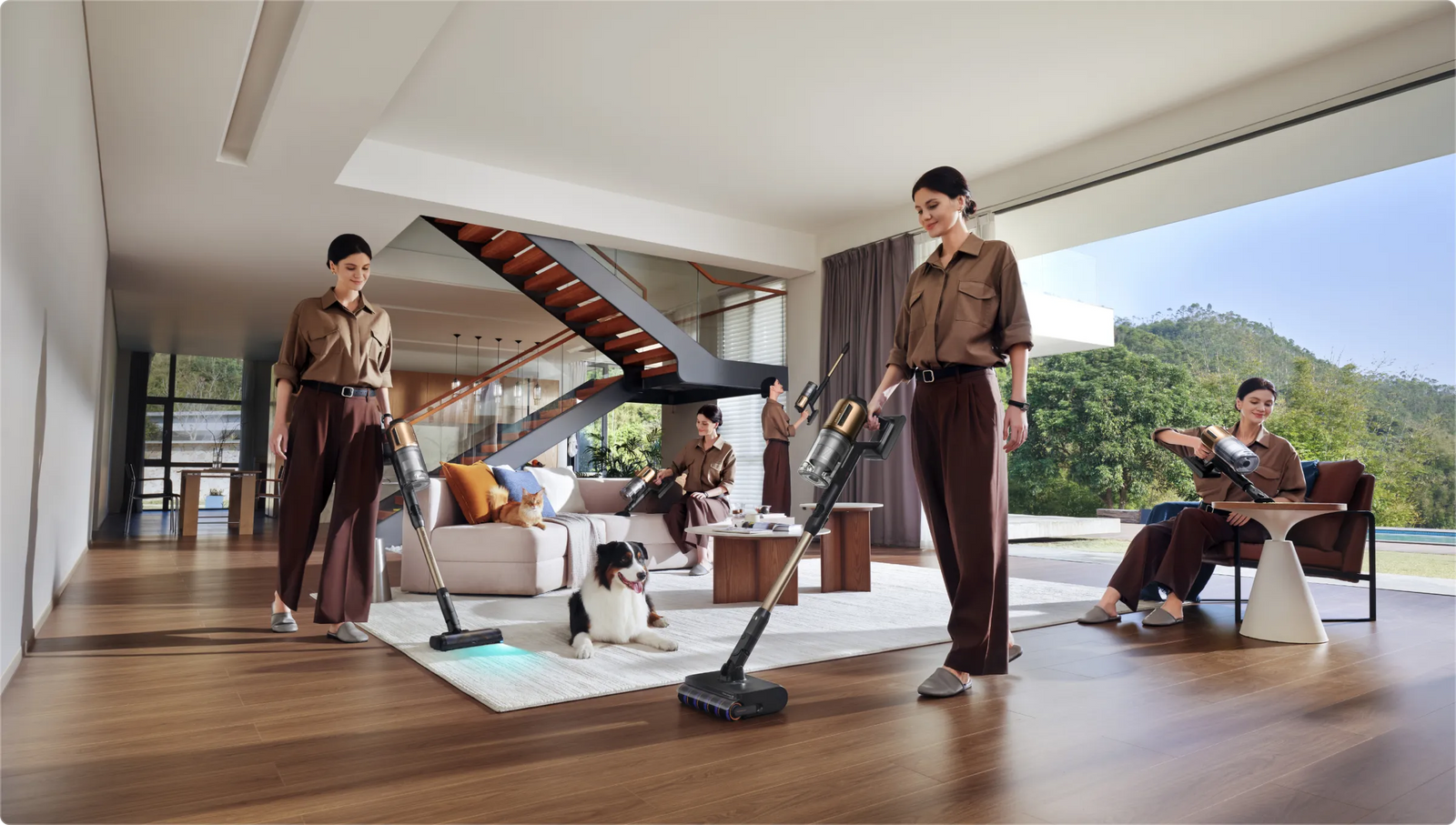 Dreame Z30 Pro Aqua-A Steelstofzuiger met natreinigingsfunctie reinigt vloer tapijt bank en gordijnen in moderne woonkamer